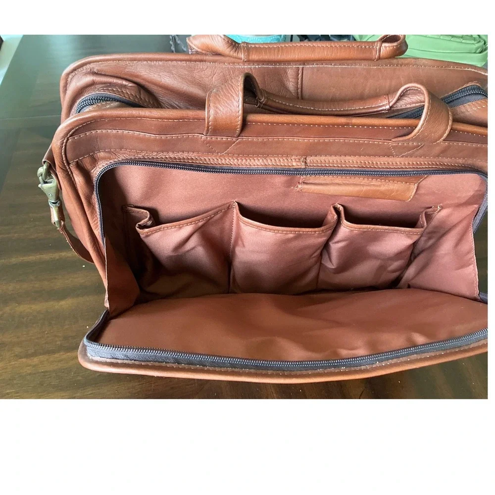 USL Vintage Leather Briefcase Messenger Bag Cognac Brown Multi Pocket Laptop Bag